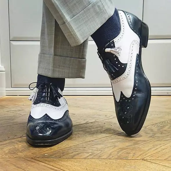 Handmade Men Two Tone Wing Tip Brogue Tassels Lace Up Cap Toe Dress Leather Shoes