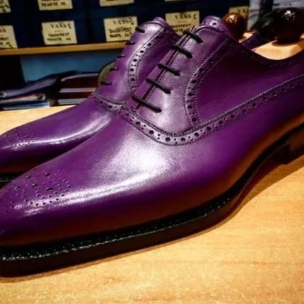 Handmade Men’s Purple Leather Formal Brogue Dress Shoes, Party Shoes