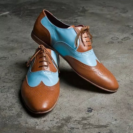 Handmade Men Tan & Blue Leather Wing Tip Brogue Shoes, Formal Lace Up Dress Shoes
