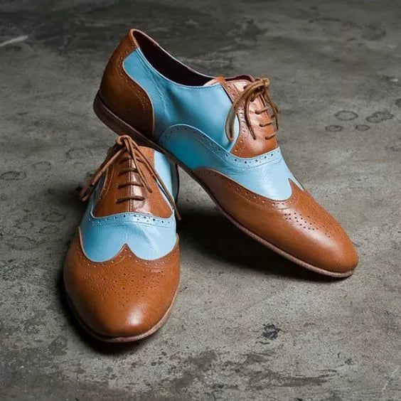 Handmade Men Tan & Blue Leather Wing Tip Brogue Shoes, Formal Lace Up Dress Shoes