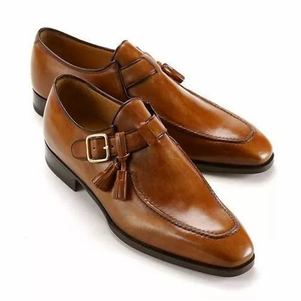 Men Handmade Brown Leather Monk Shoes, Leather Shoes with Tassels & Monk Strap