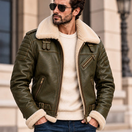 Handmade Men Green Leather Fur Jacket, Biker Jacket, Men Fashion Outfit