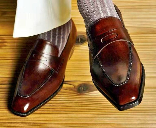 New Handmade Burnished Brown Loafer Shoe, Formal Men Leather Office Shoes