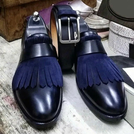 Handmade Men’s Round Toe Fringes Moccasin Dress Shoes, Real Leather Suede Shoes