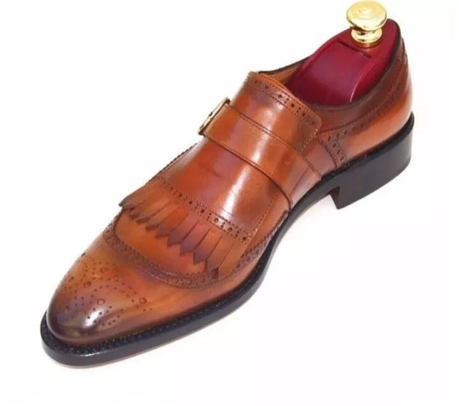 Handmade Men’s Brogue Fringes Round Toe Monk Strap Shoes, Real Leather Shoes