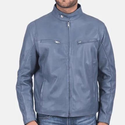 Handmade Men Light Blue Leather Biker Jacket For Men