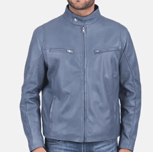 Handmade Men Light Blue Leather Biker Jacket For Men