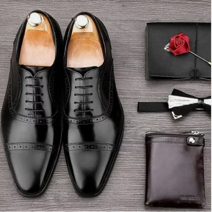 Men Black Leather Oxford Lace up Brogue Dress Shoes, Formal Leather Office Shoes