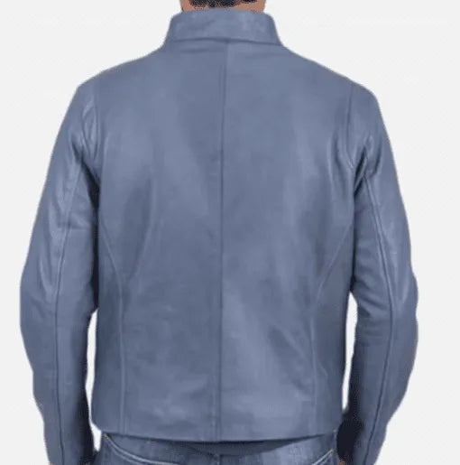 Handmade Men Light Blue Leather Biker Jacket For Men