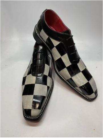 Handmade men black and white check square design shoes, formal office shoes mens