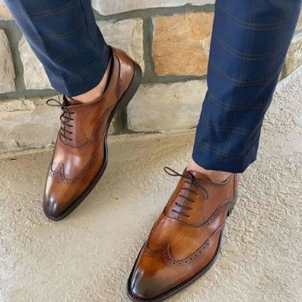 Handmade Men’s Burnished Brown Wing Tip Brogue Lace Up Formal Dress Shoes, Real Leather Office Shoes.