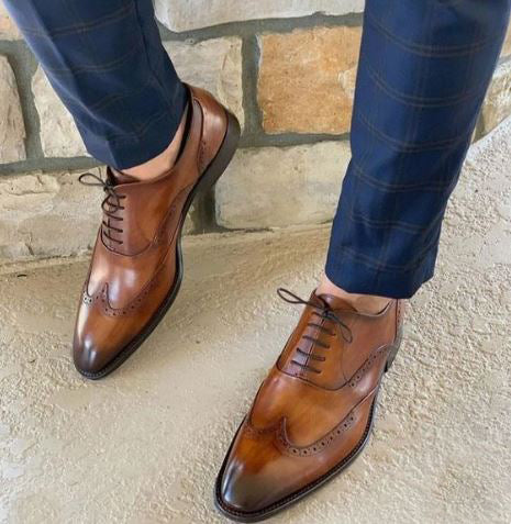 Handmade Men’s Burnished Brown Wing Tip Brogue Lace Up Formal Dress Shoes, Real Leather Office Shoes.