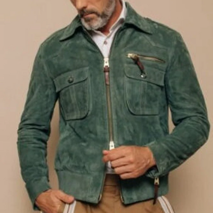 Handmade men green suede leather jacket, men cargo pockets leather jacket