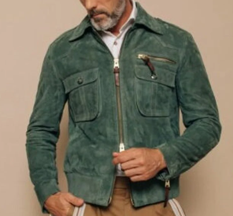 Handmade men green suede leather jacket, men cargo pockets leather jacket