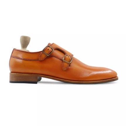 New Mens Double Monk Formal Handmade Shoes, Men Tan Dress Shoes, Buckle Shoes for Mens