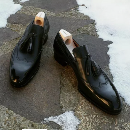 New Black Wing Tip Moccasin Handmade Shoes with tassels for Mens, Black Leather Office Loafer Shoes