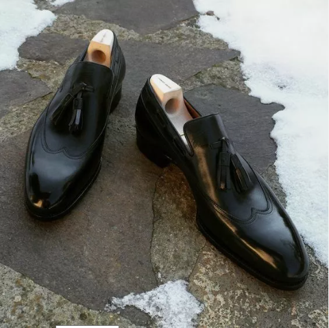 New Black Wing Tip Moccasin Handmade Shoes with tassels for Mens, Black Leather Office Loafer Shoes
