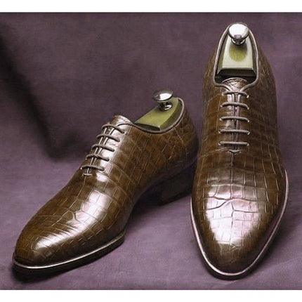 Handmade Men Brown Crocodile Texture Leather Formal Dress Shoes