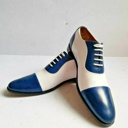 Handmade Men Blue and White Two tone Cap toe formal dress shoes
