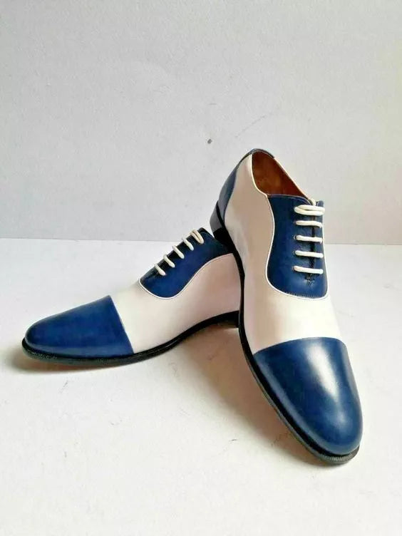 Handmade Men Blue and White Two tone Cap toe formal dress shoes