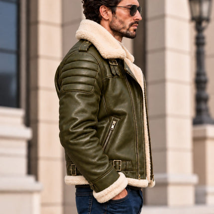 Handmade Men Green Leather Fur Jacket, Biker Jacket, Men Fashion Outfit