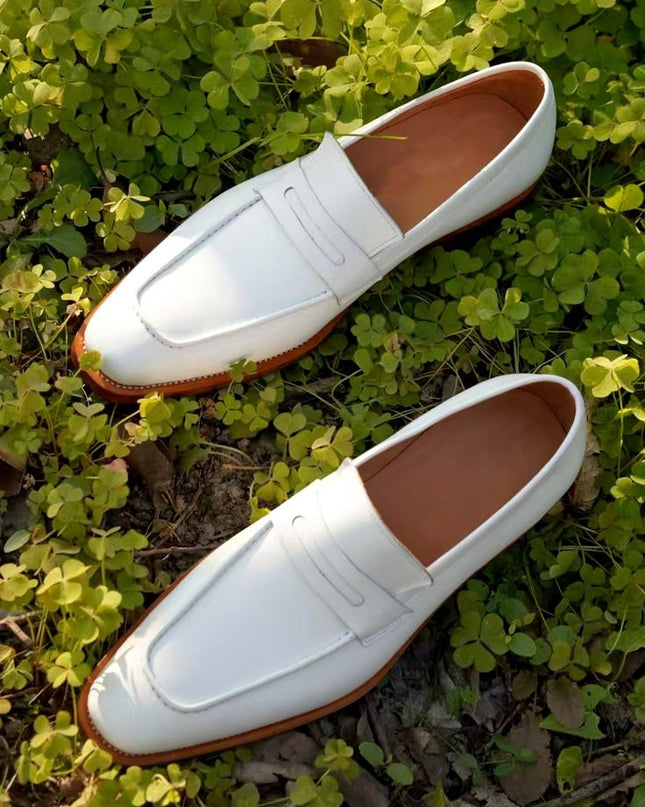 New White Handmade Loafer, Formal White Leather Shoes, Men Moccasins Office Wear