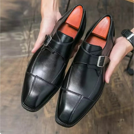 Handmade Mens Black Leather Monk Shoes, Black Mens Buckle Dress Shoes