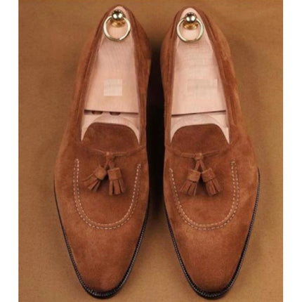 Men Tan Suede Leather Handmade Pointed Toe Loafers With Tassels