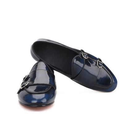 Handmade Blue Leather Double Monk Shoes for men, Blue party shoes for men