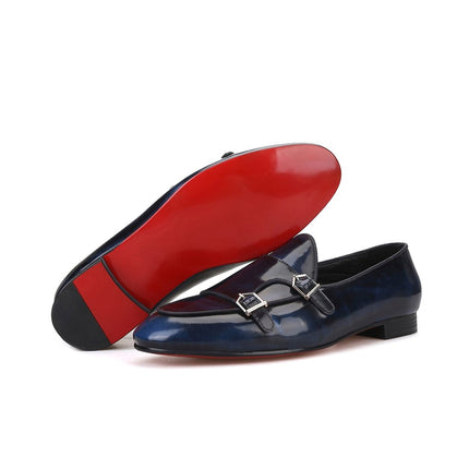 Handmade Blue Leather Double Monk Shoes for men, Blue party shoes for men