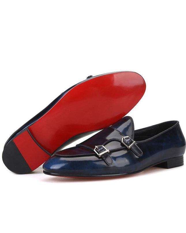 Handmade Blue Leather Double Monk Shoes for men, Blue party shoes for men