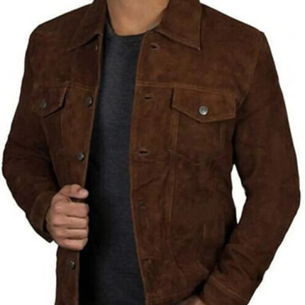 Handmade men brown suede leather jacket, men trucker style jacket, cargo style button jacket