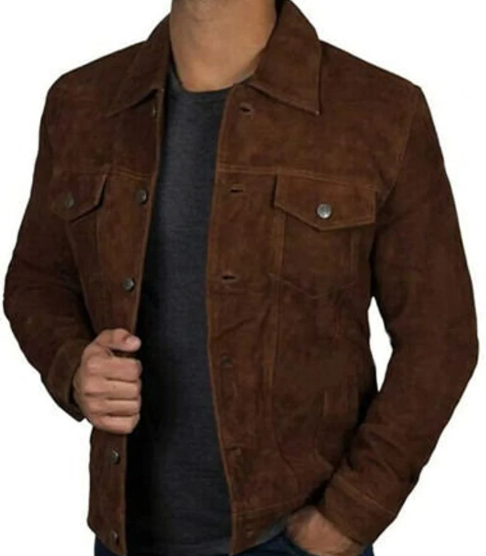 Handmade men brown suede leather jacket, men trucker style jacket, cargo style button jacket