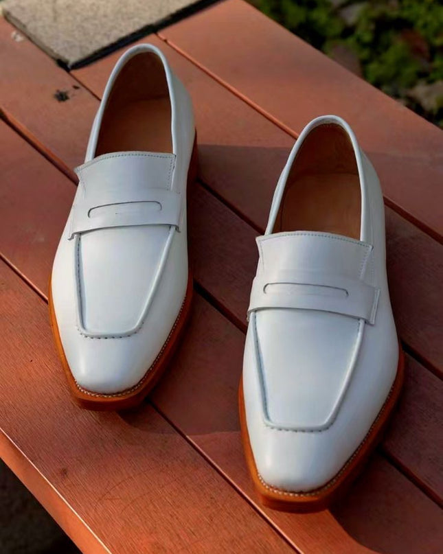 New White Handmade Loafer, Formal White Leather Shoes, Men Moccasins Office Wear