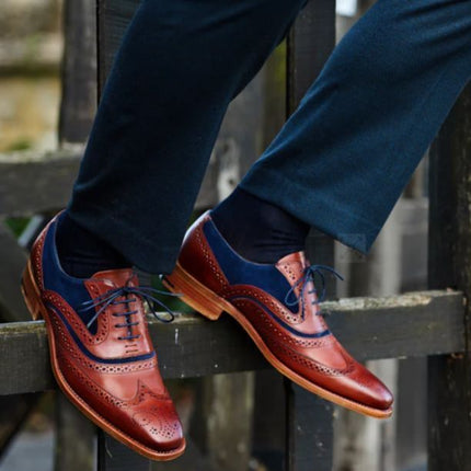 Handmade men brown and blue dress shoes, brogue leather formal shoes for men’s