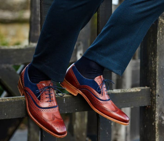 Handmade men brown and blue dress shoes, brogue leather formal shoes for men’s