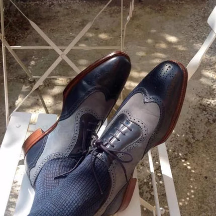 Handmade Men’s Two tone formal shoes, Men Navy blue and Gray dress leather shoes