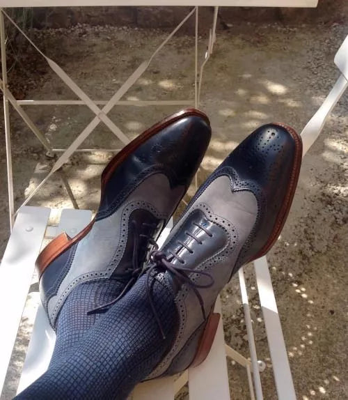 Handmade Men’s Two tone formal shoes, Men Navy blue and Gray dress leather shoes