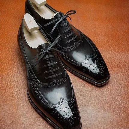 Handmade Men Black Leather Wingtip Brogue Shoes, Formal Dress Shoes