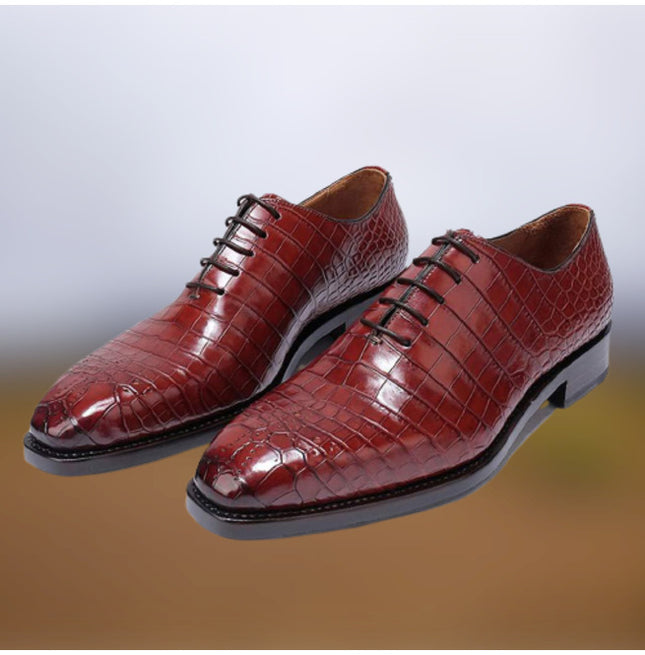 Handmade Men Burgundy Alligator Texture Leather Formal Dress Shoes