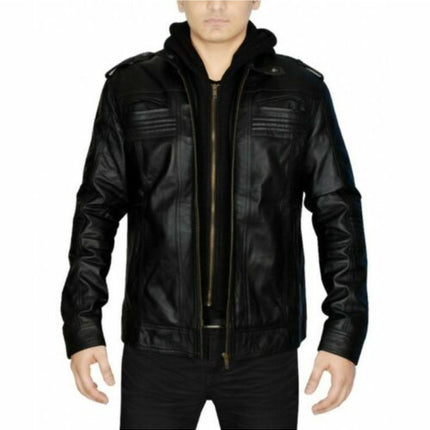 Men Black Leather Hooded Biker Jacket, Motorcycle Leather Jacket