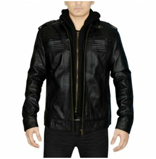 Men Black Leather Hooded Biker Jacket, Motorcycle Leather Jacket