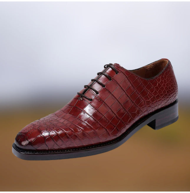 Handmade Men Burgundy Alligator Texture Leather Formal Dress Shoes