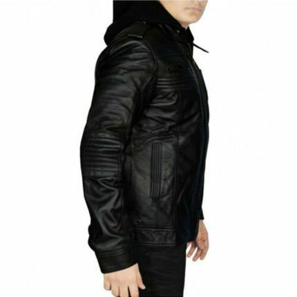 Men Black Leather Hooded Biker Jacket, Motorcycle Leather Jacket