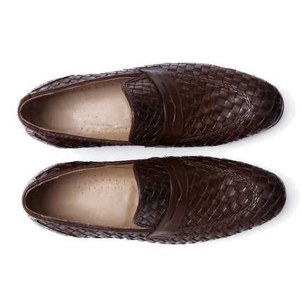 Men Handmade Brown Woven Chitai Mat Leather Moccasin Shoes, Brown Slip Ons