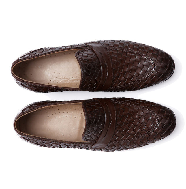 Men Handmade Brown Woven Chitai Mat Leather Moccasin Shoes, Brown Slip Ons