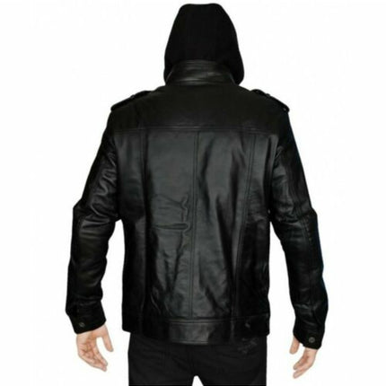 Men Black Leather Hooded Biker Jacket, Motorcycle Leather Jacket