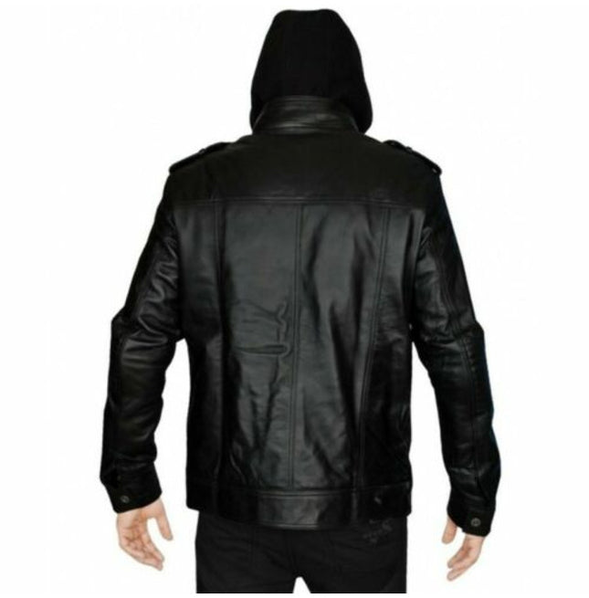 Men Black Leather Hooded Biker Jacket, Motorcycle Leather Jacket