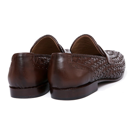 Men Handmade Brown Woven Chitai Mat Leather Moccasin Shoes, Brown Slip Ons