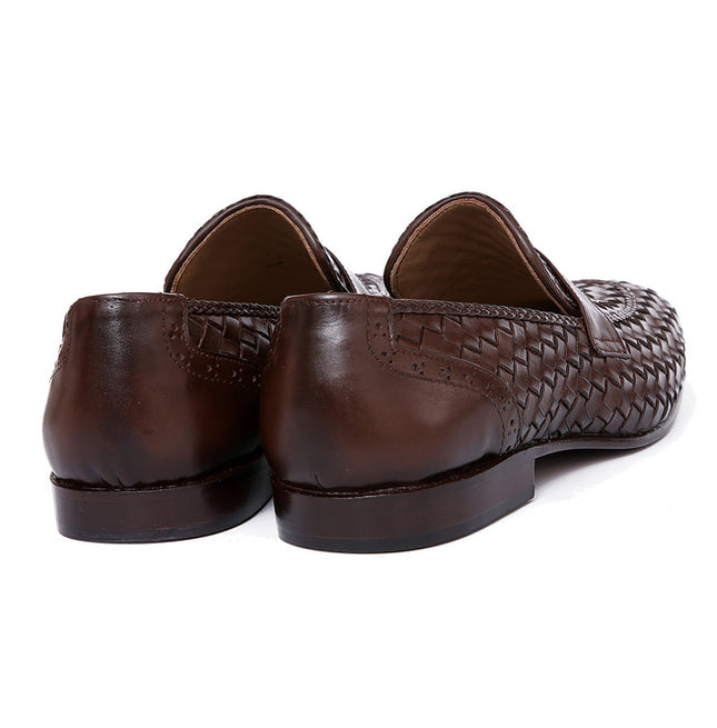 Men Handmade Brown Woven Chitai Mat Leather Moccasin Shoes, Brown Slip Ons